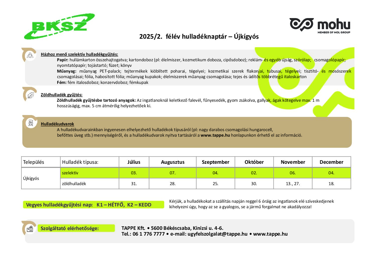 2025/2. félév hulladéknaptár