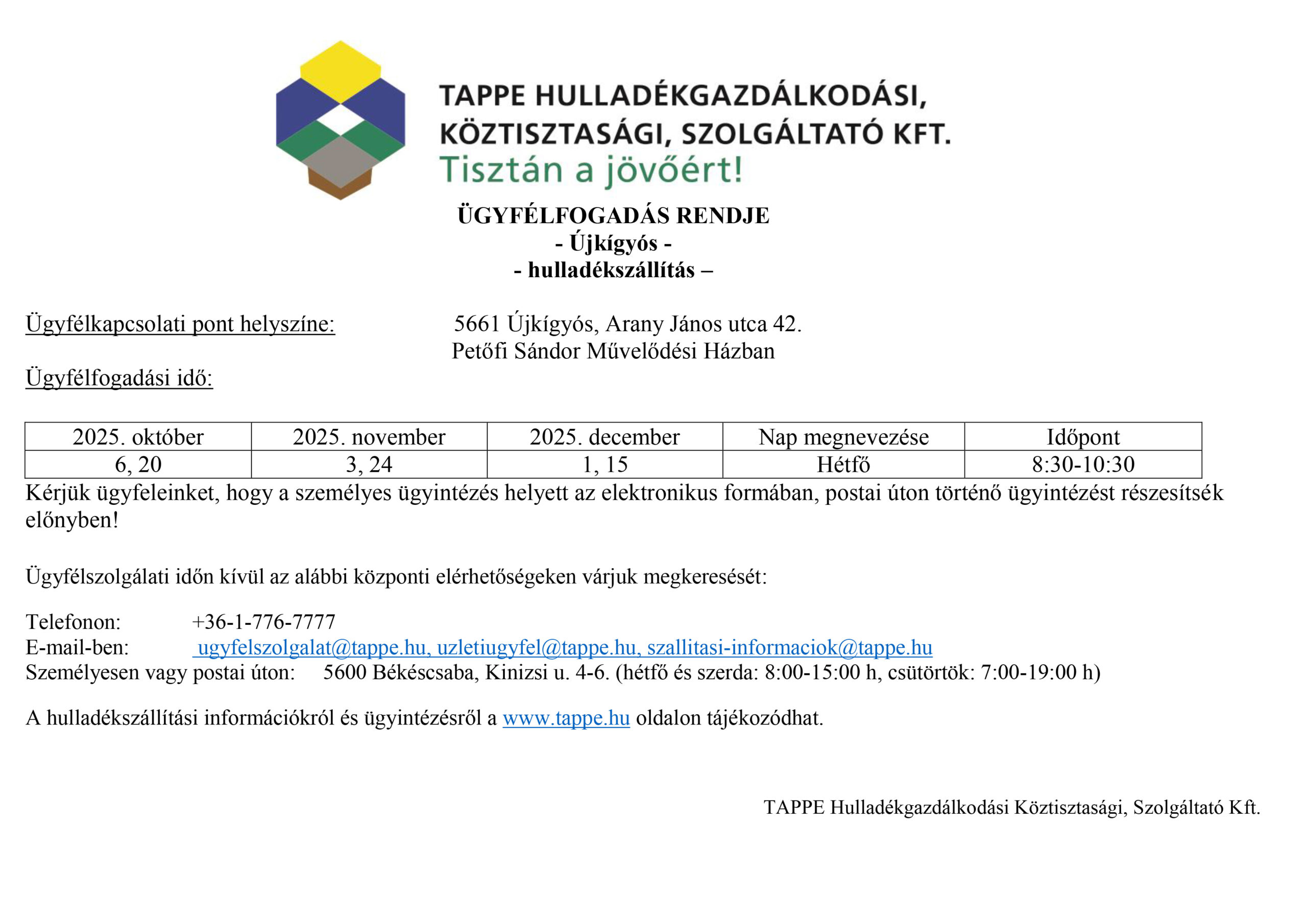 Tappe Kft. 2025. évi IV. negyedéves ügyfélfogadási rendje