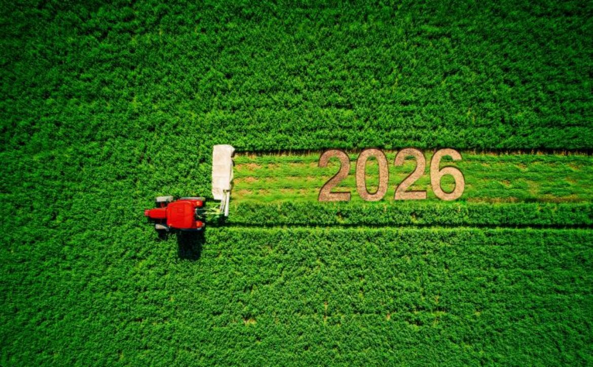 Happy,New,Year,2026,Agriculture,Conccept.,Tractor,Mowing,Green,Field,