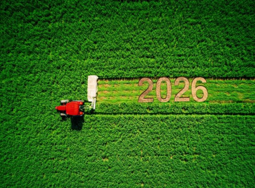 Happy,New,Year,2026,Agriculture,Conccept.,Tractor,Mowing,Green,Field,